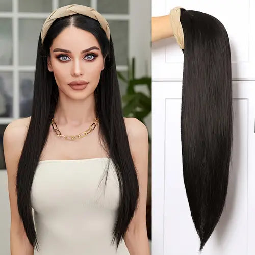 Long straight headband wig worn by model