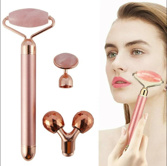 3 in1 Electric Vibrating Natural Rose Quartz Jade Facial Roller