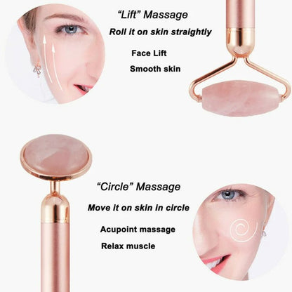 3 in1 Electric Vibrating Natural Rose Quartz Jade Facial Roller