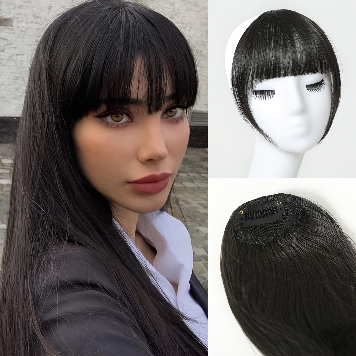 Clip-in fringe hairpiece showing the clip attachment and texture