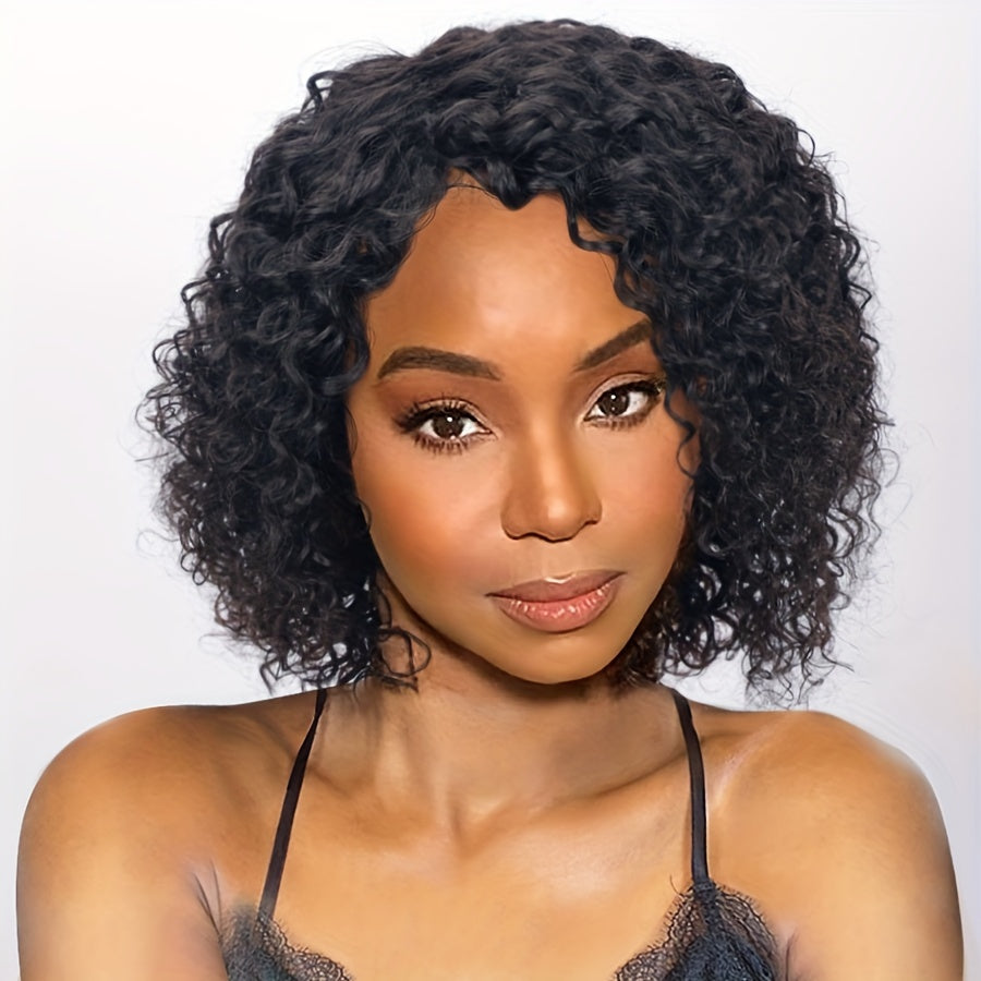 Soft short curly bob wig worn by model