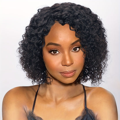 Soft short curly bob wig worn by model