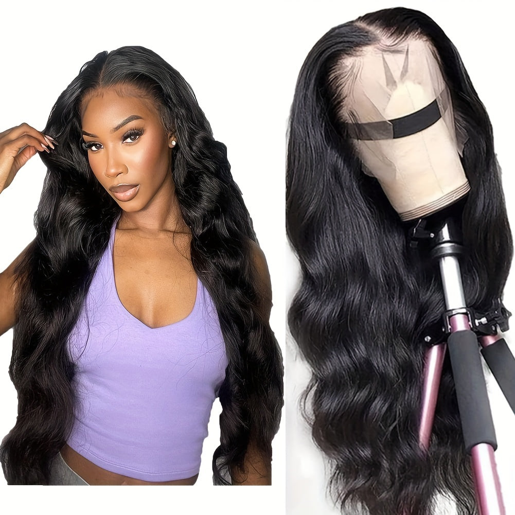 Short straight bob wig with bangs worn by model